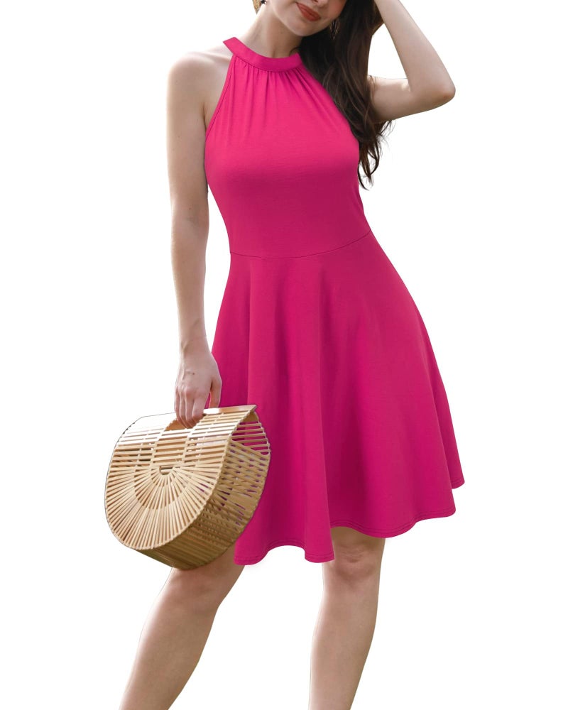 OUGES Women's 2026 Summer Fashion Pink Halter Neck Sleeveless Tie Back Swing A-Line Sundress Beach Vacation Dress(Hot Pink,L) - Image 4